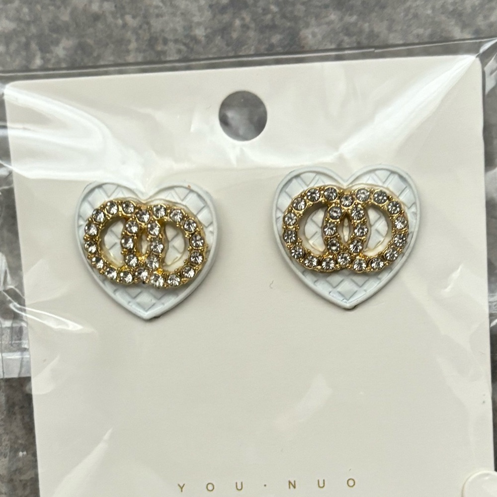White & Gold Quilted Heart Earrings – Rhinestone Accent, Designer-Inspired